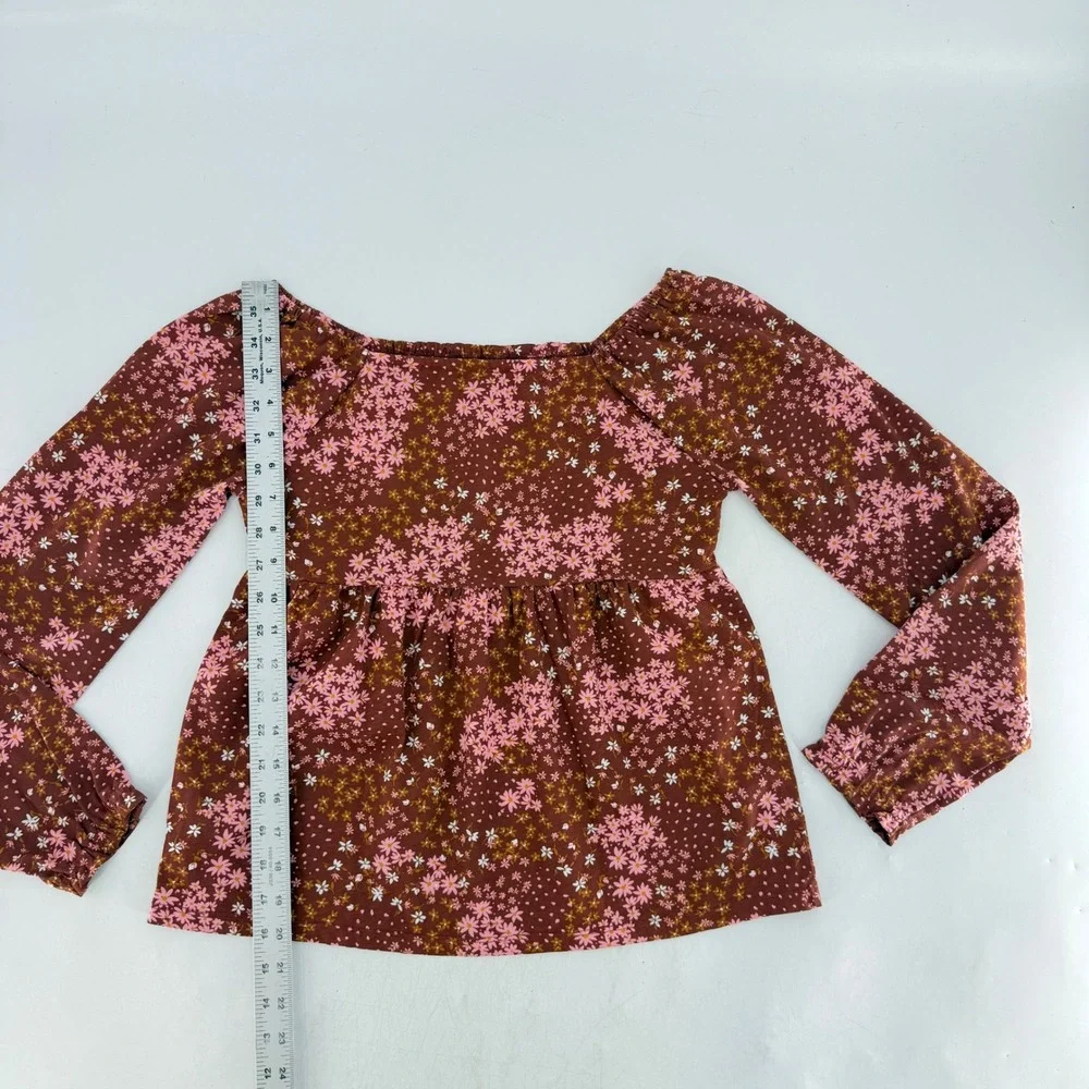 Children's Place Girls Brown Floral Smocked Square Neck Long Slv‎ Peasant Top XL